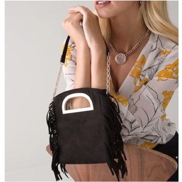 WHBM BLACK FRINGED FAUX SUEDE BAG